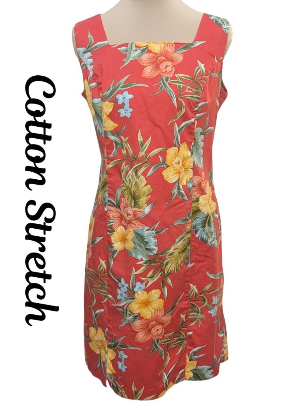 Caribbean Joe Tropical Floral Square Neck Sheath Dress